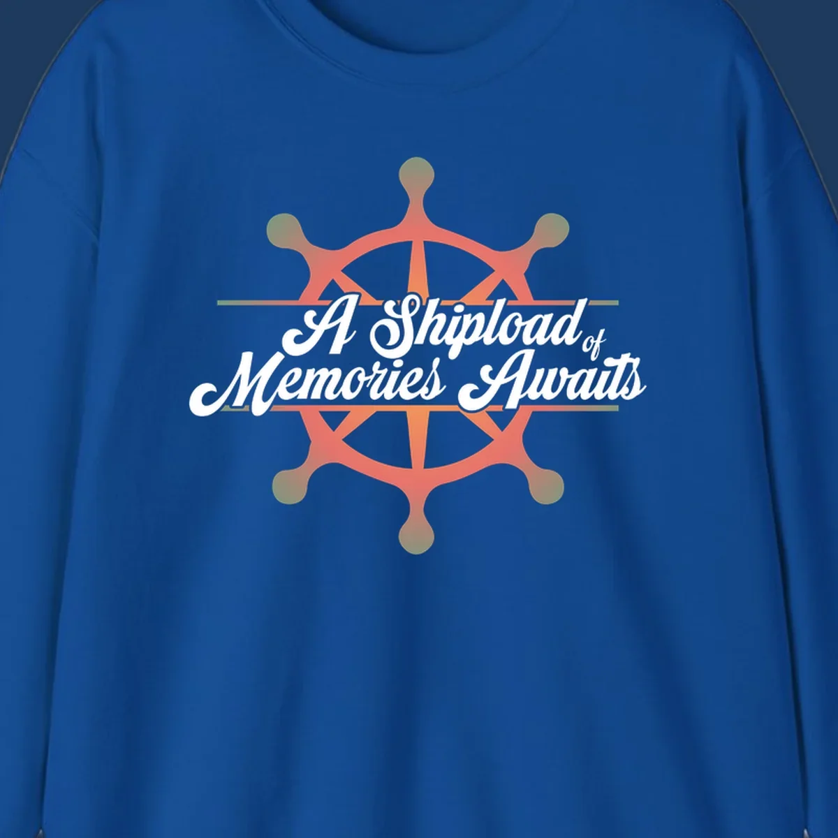 Coral ship's wheel with figures and white script text reading 'A Shipload of Memories Awaits' on gray background
