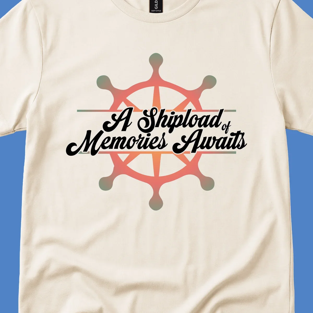 Coral ship's wheel with figures and white script text reading 'A Shipload of Memories Awaits' on gray background