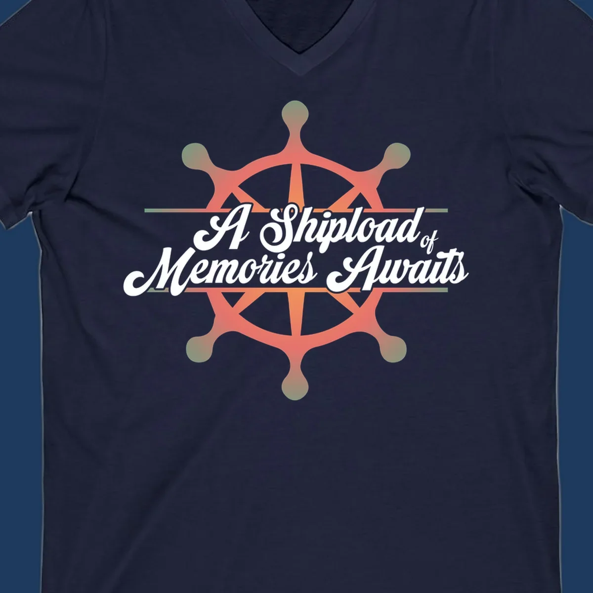 Coral ship's wheel with figures and white script text reading 'A Shipload of Memories Awaits' on gray background