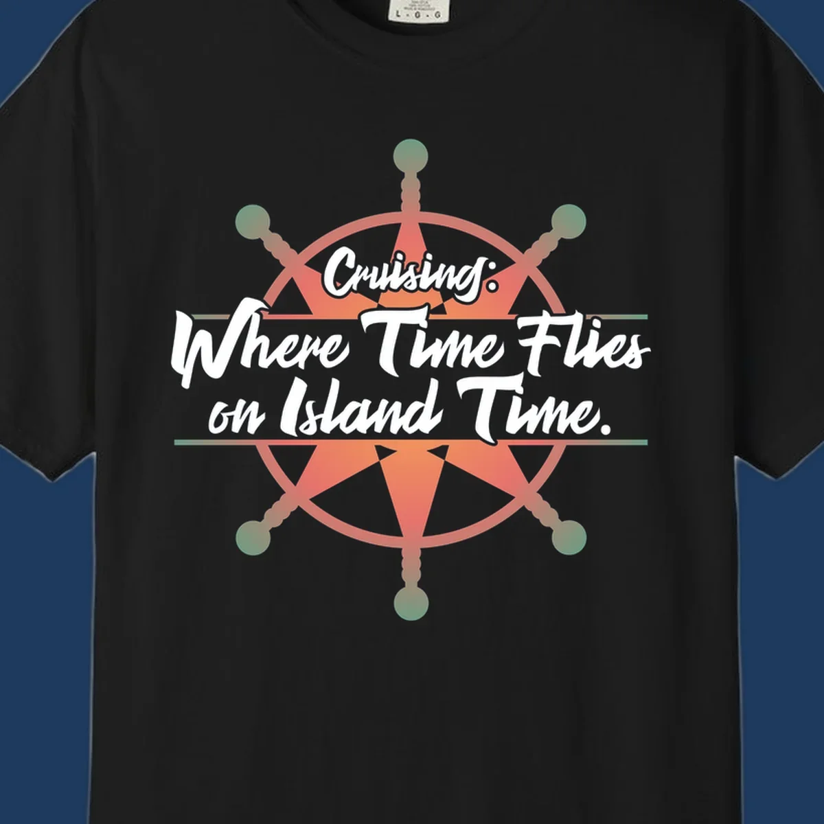 Coral ship's wheel with text 'Cruising: Where Time Flies on Island Time' celebrating the timeless vacation experience of cruise travel.