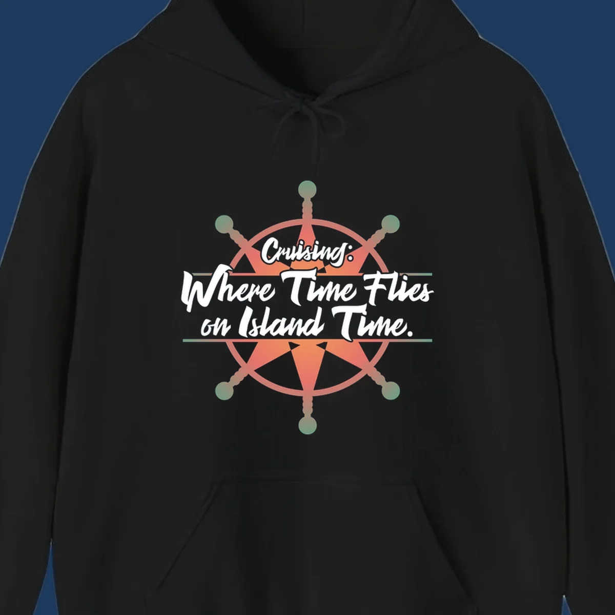 Coral ship's wheel with text 'Cruising: Where Time Flies on Island Time' celebrating the timeless vacation experience of cruise travel.
