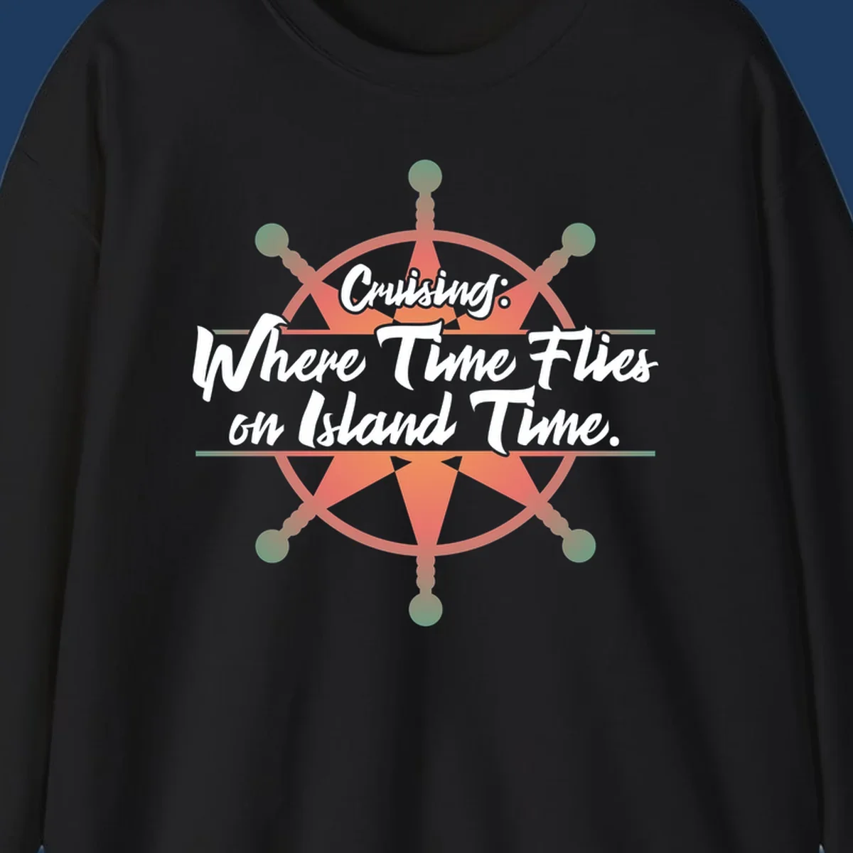 Coral ship's wheel with text 'Cruising: Where Time Flies on Island Time' celebrating the timeless vacation experience of cruise travel.