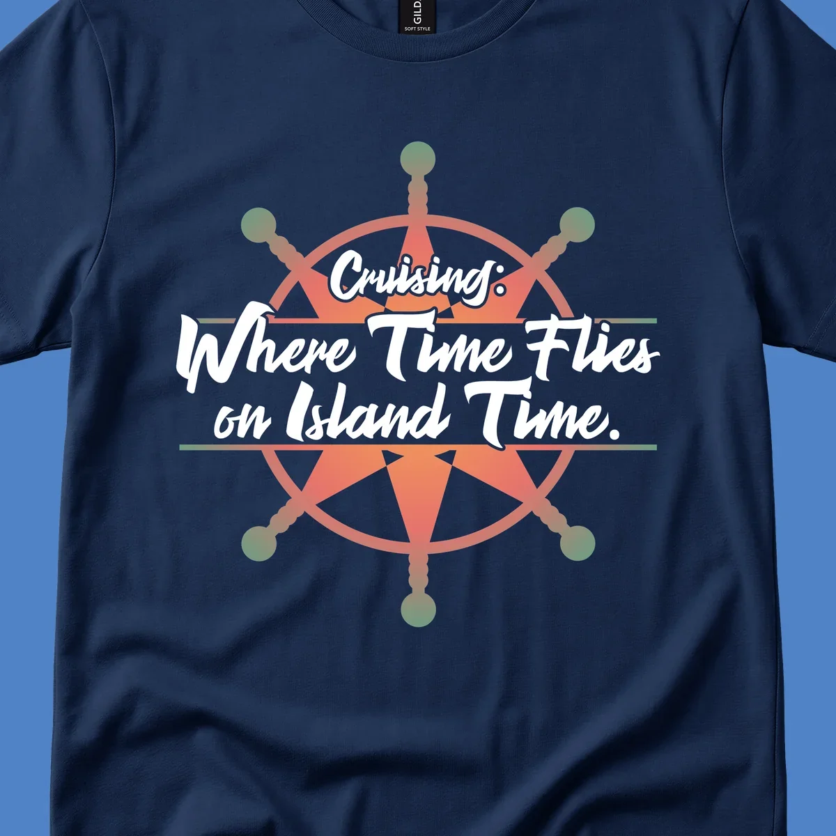 Coral ship's wheel with text 'Cruising: Where Time Flies on Island Time' celebrating the timeless vacation experience of cruise travel.