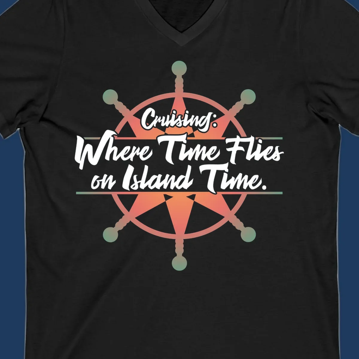 Coral ship's wheel with text 'Cruising: Where Time Flies on Island Time' celebrating the timeless vacation experience of cruise travel.