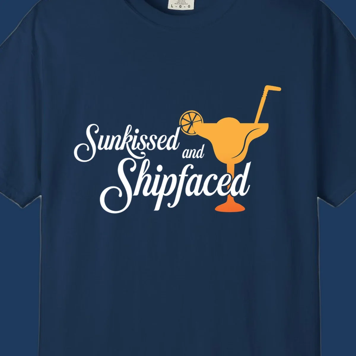 Sunkissed shipfaced cruise design with tropical cocktail illustration and script text on gray background