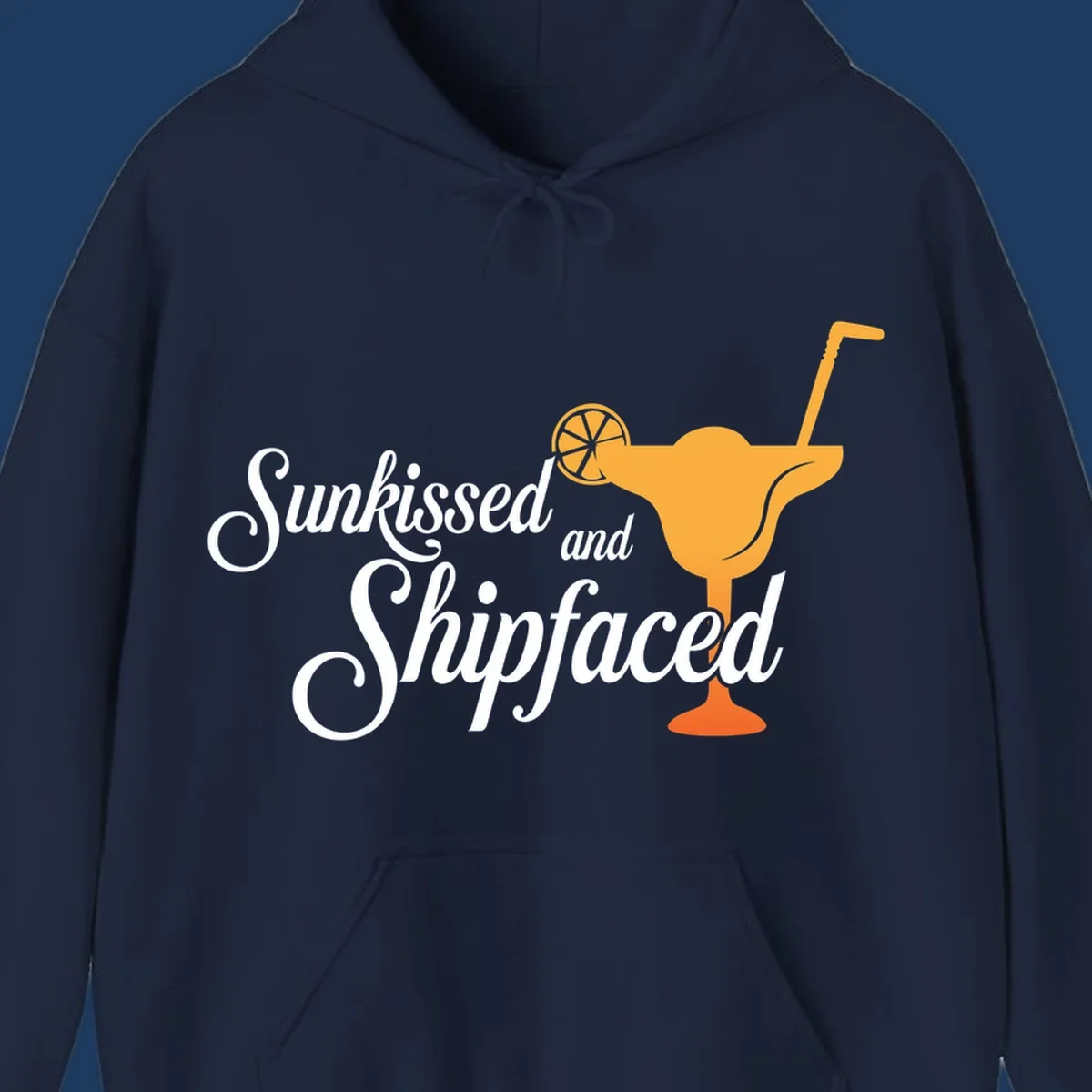 Sunkissed shipfaced cruise design with tropical cocktail illustration and script text on gray background