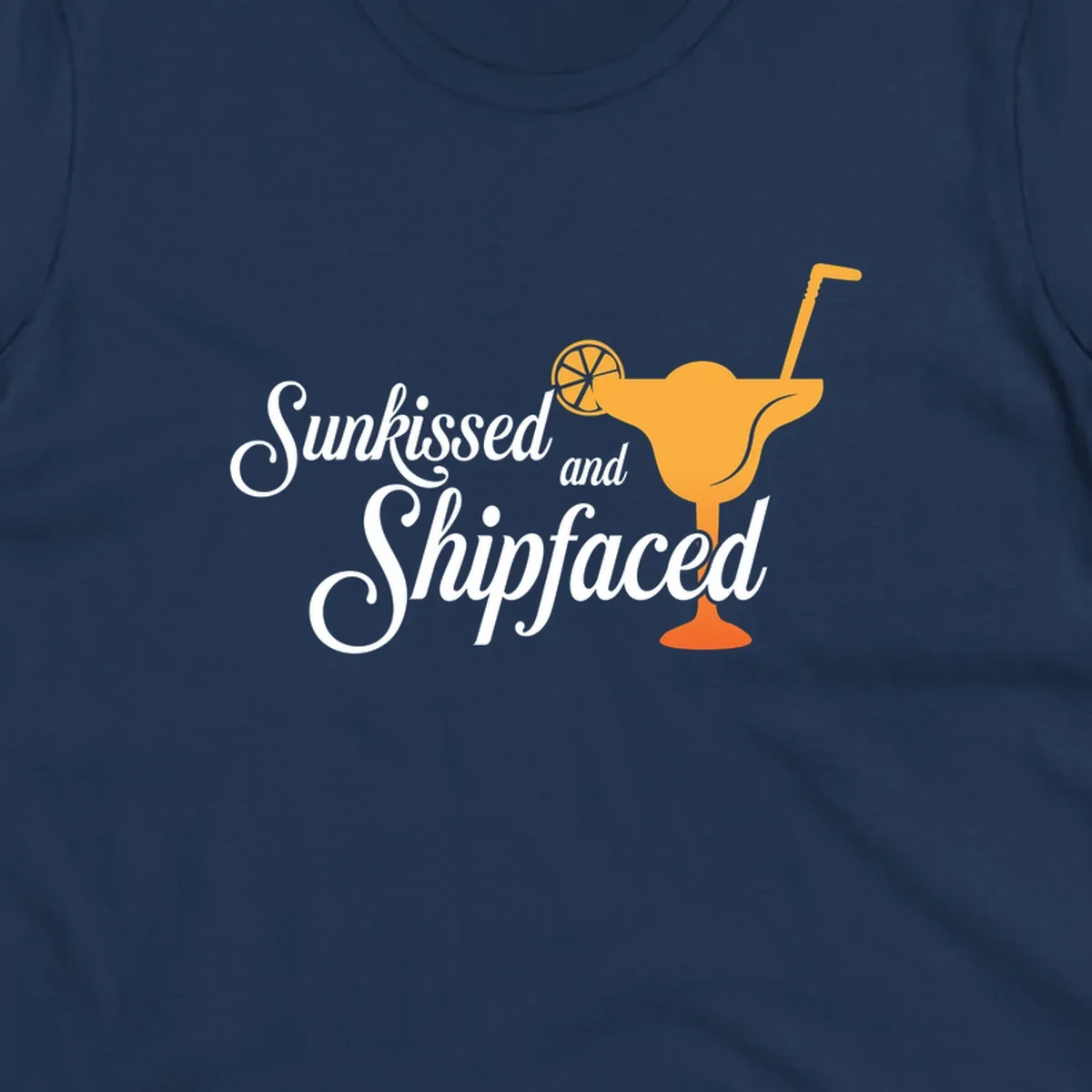 Sunkissed shipfaced cruise design with tropical cocktail illustration and script text on gray background