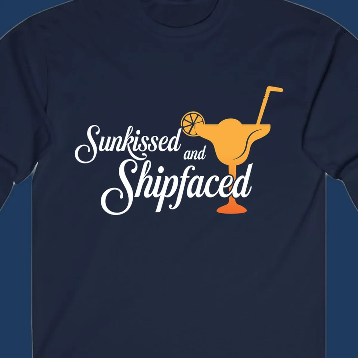 Sunkissed shipfaced cruise design with tropical cocktail illustration and script text on gray background
