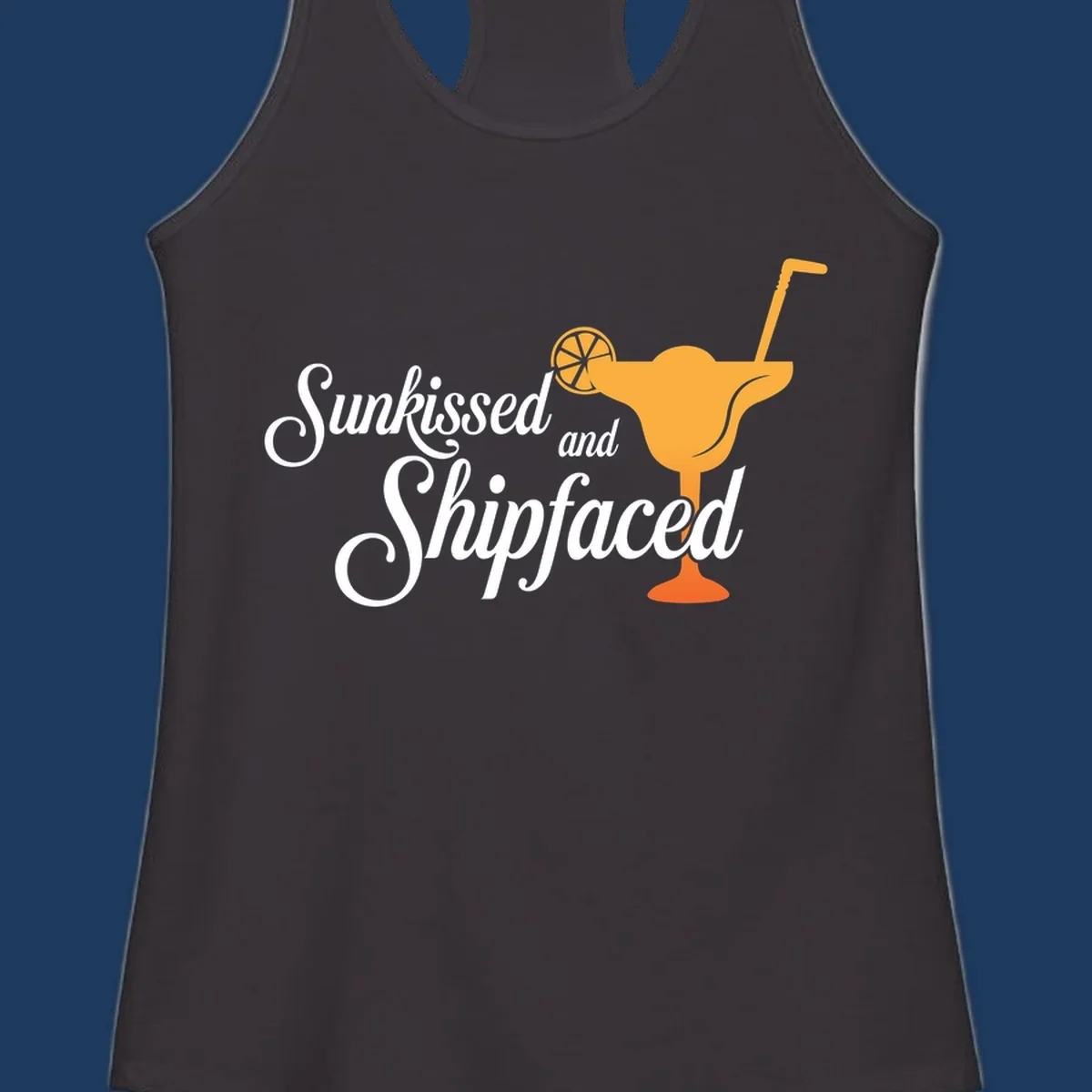 Sunkissed shipfaced cruise design with tropical cocktail illustration and script text on gray background