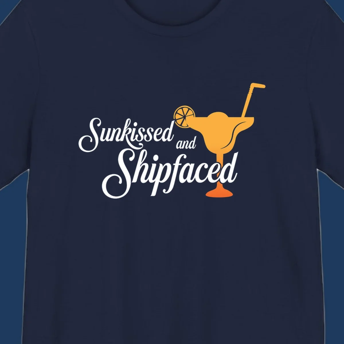 Sunkissed shipfaced cruise design with tropical cocktail illustration and script text on gray background