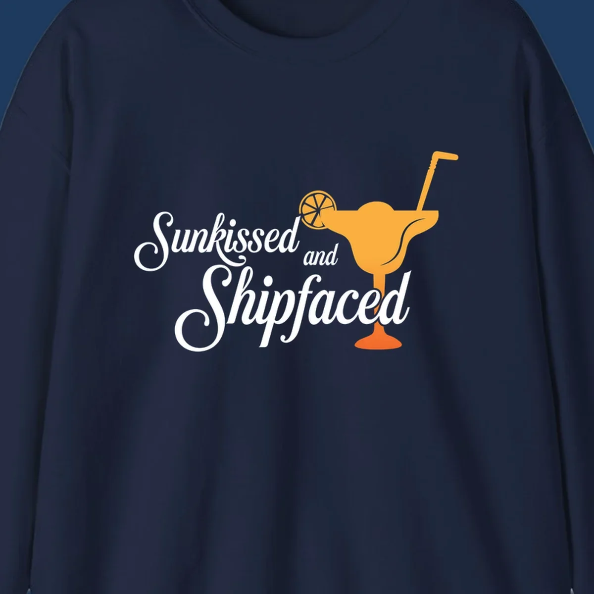 Sunkissed shipfaced cruise design with tropical cocktail illustration and script text on gray background
