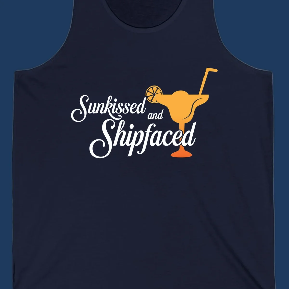 Sunkissed shipfaced cruise design with tropical cocktail illustration and script text on gray background