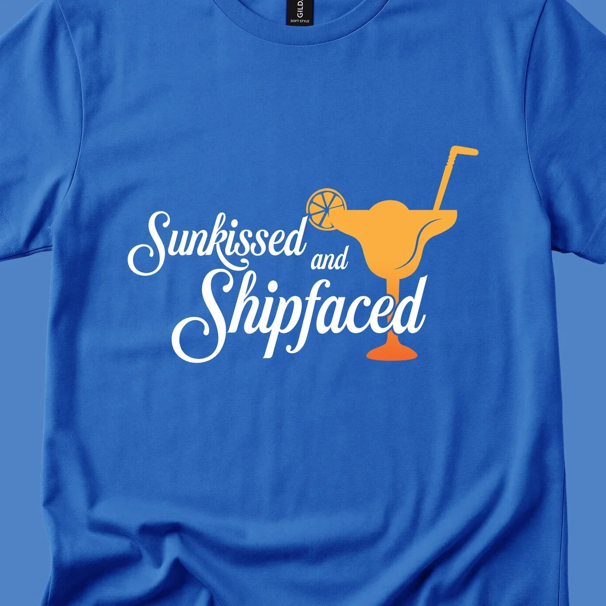 Sunkissed shipfaced cruise design with tropical cocktail illustration and script text on gray background