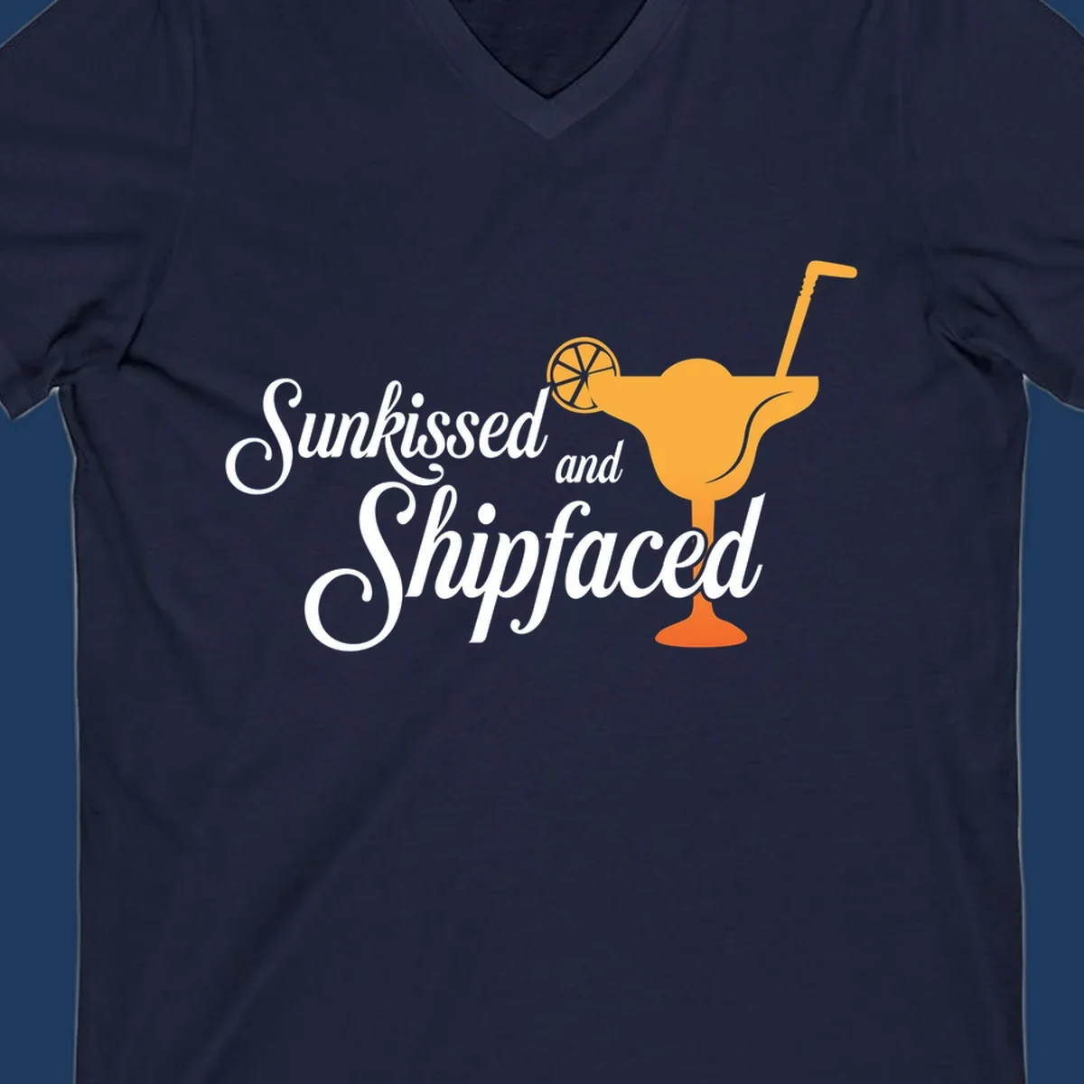 Sunkissed shipfaced cruise design with tropical cocktail illustration and script text on gray background