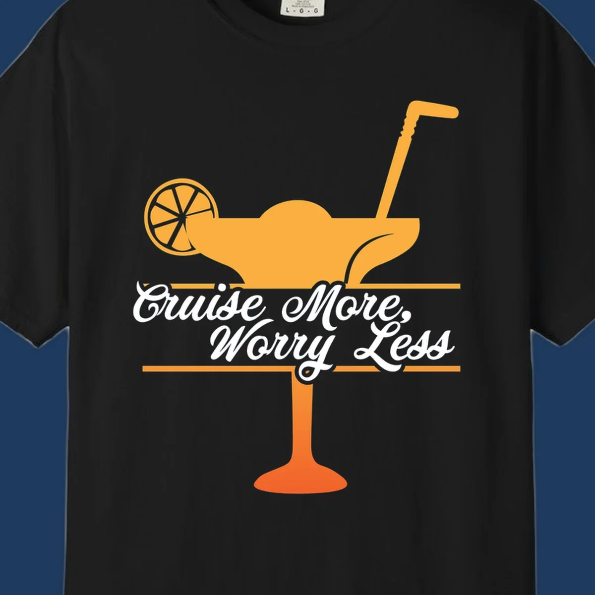 Tropical cocktail with lemon slice and umbrella straw illustration with white script text reading 'Cruise More, Worry Less'
