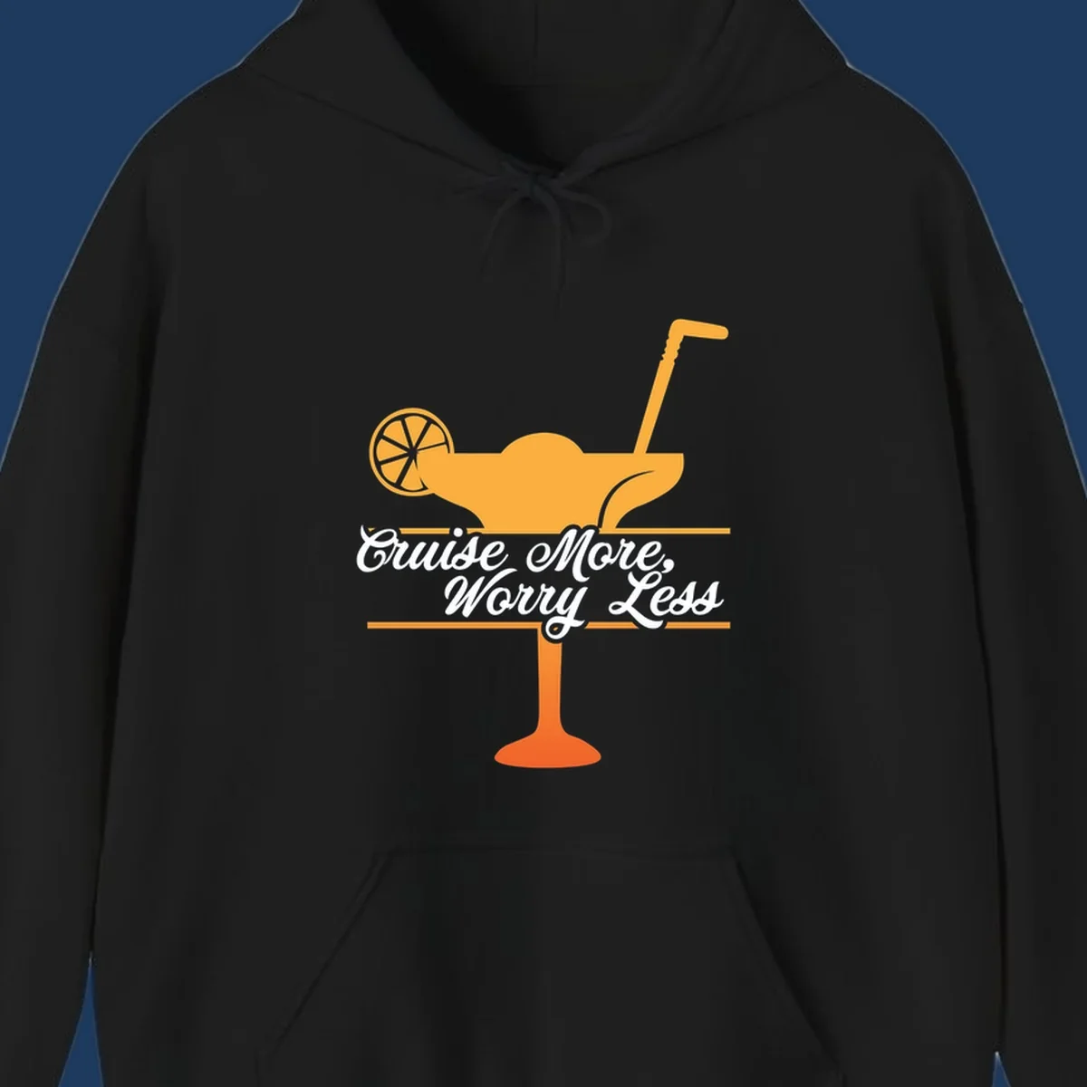Tropical cocktail with lemon slice and umbrella straw illustration with white script text reading 'Cruise More, Worry Less'