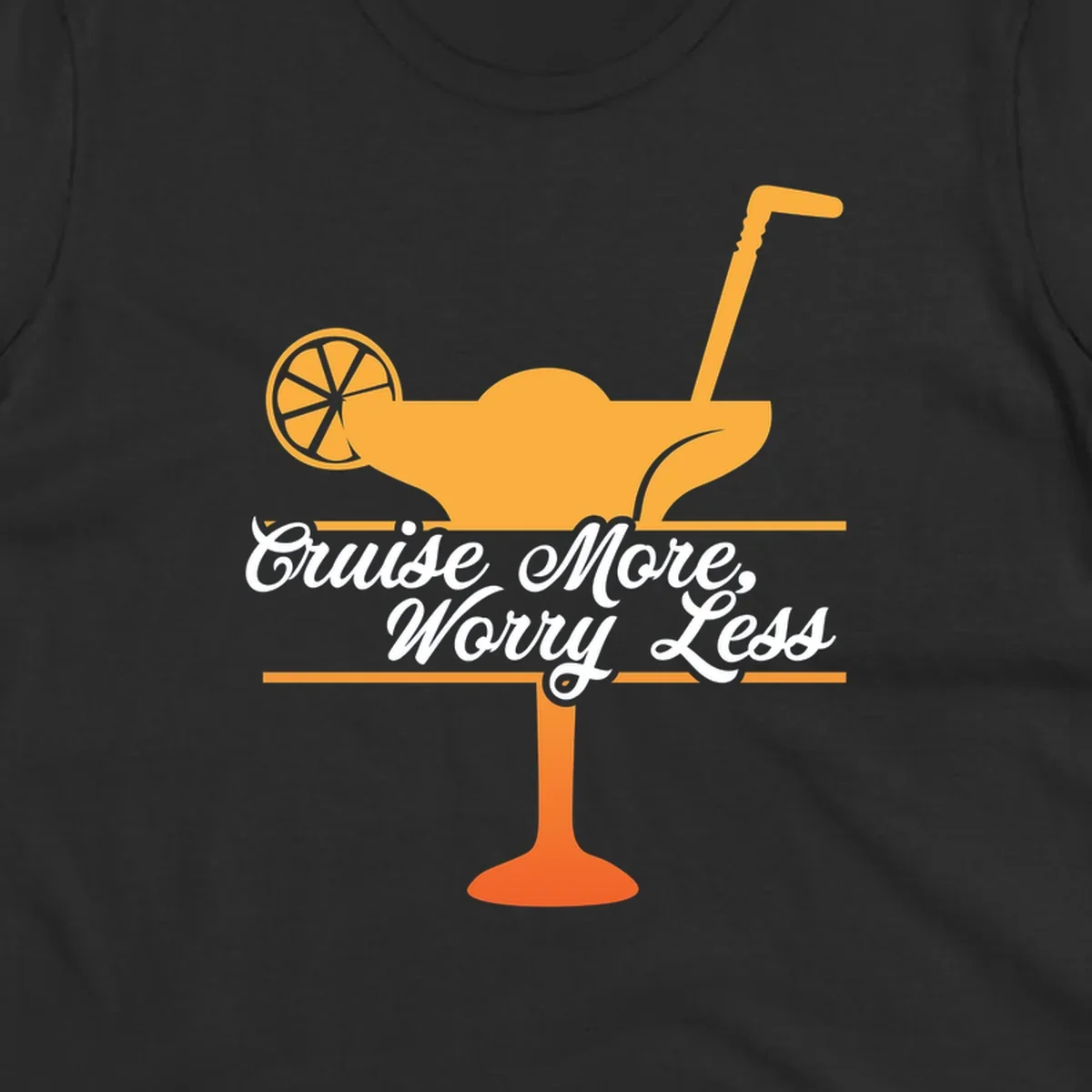 Tropical cocktail with lemon slice and umbrella straw illustration with white script text reading 'Cruise More, Worry Less'