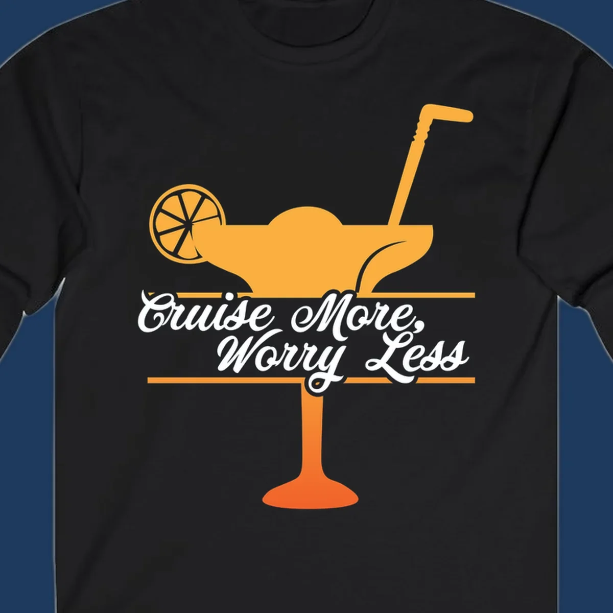 Tropical cocktail with lemon slice and umbrella straw illustration with white script text reading 'Cruise More, Worry Less'