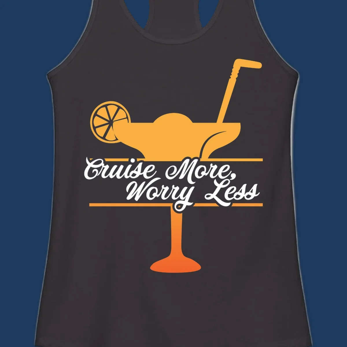 Tropical cocktail with lemon slice and umbrella straw illustration with white script text reading 'Cruise More, Worry Less'