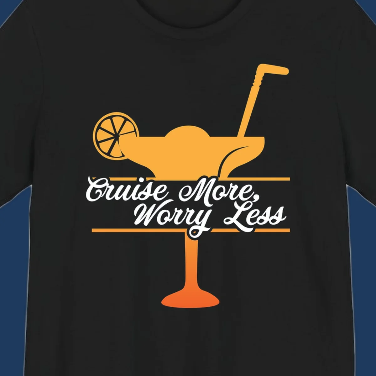 Tropical cocktail with lemon slice and umbrella straw illustration with white script text reading 'Cruise More, Worry Less'