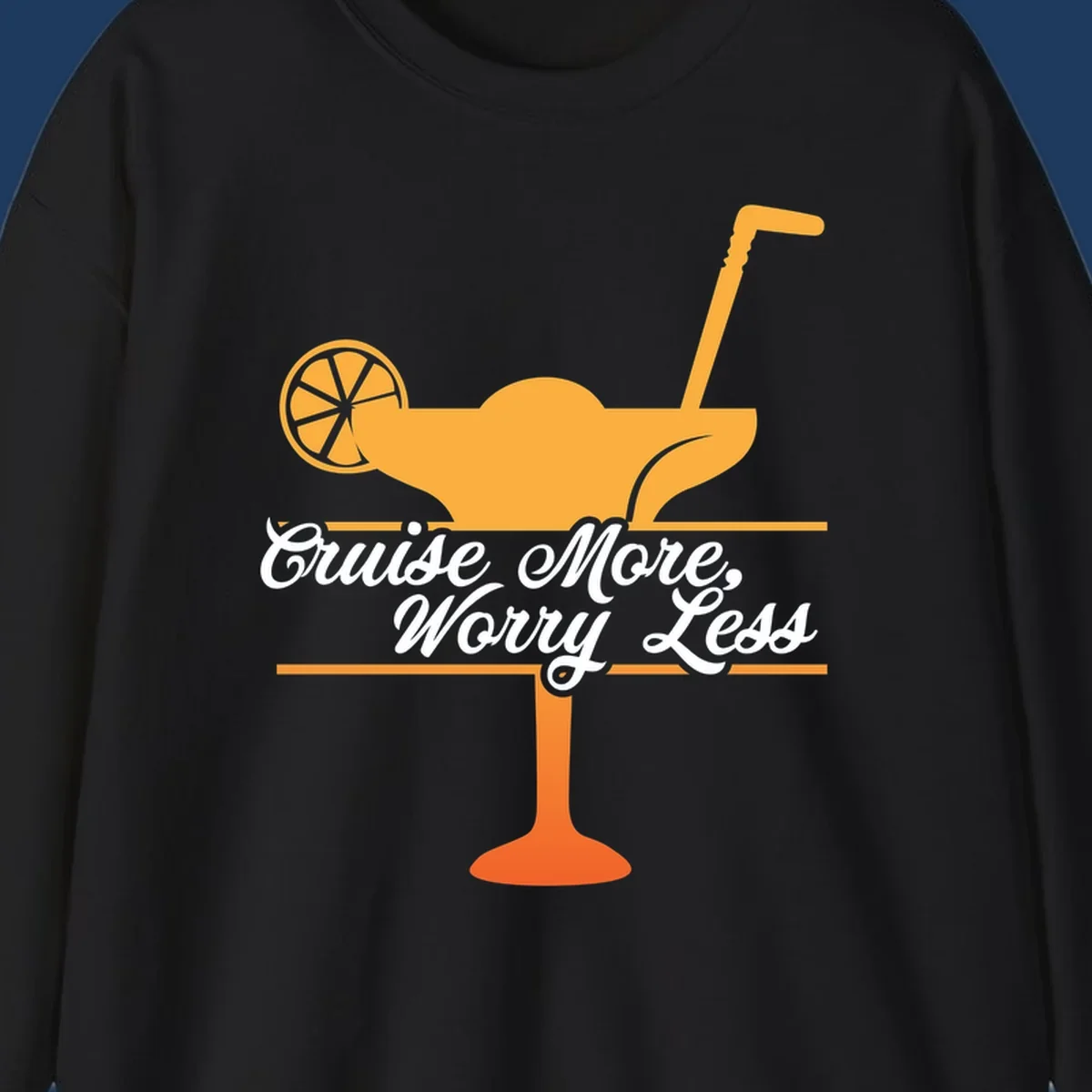 Tropical cocktail with lemon slice and umbrella straw illustration with white script text reading 'Cruise More, Worry Less'