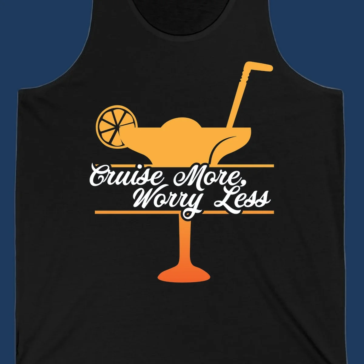 Tropical cocktail with lemon slice and umbrella straw illustration with white script text reading 'Cruise More, Worry Less'