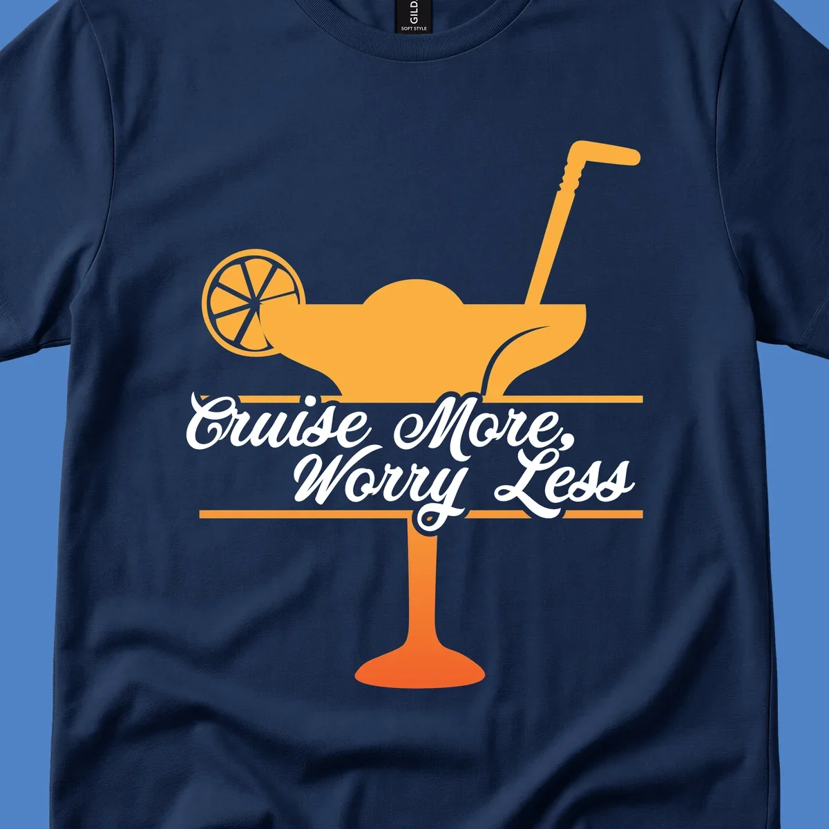 Tropical cocktail with lemon slice and umbrella straw illustration with white script text reading 'Cruise More, Worry Less'