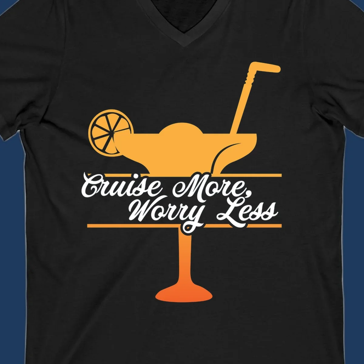Tropical cocktail with lemon slice and umbrella straw illustration with white script text reading 'Cruise More, Worry Less'