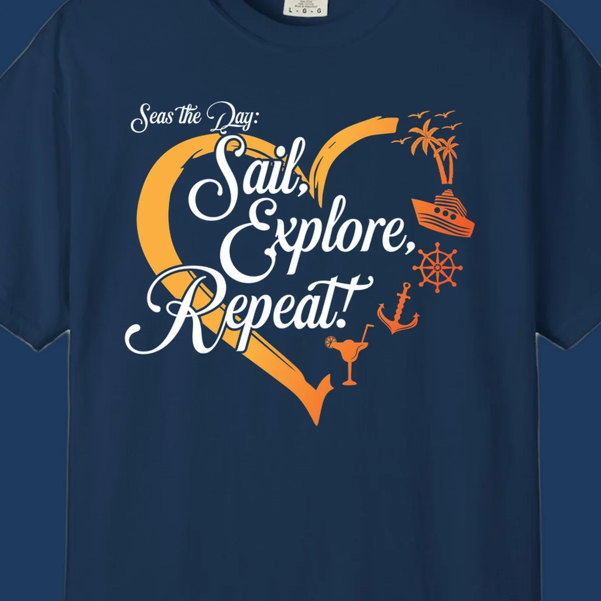 Seas the day sail explore repeat design with sailboat, anchor, ship wheel, palm trees and cocktail in orange and white nautical illustration.
