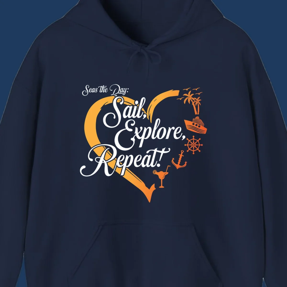 Seas the day sail explore repeat design with sailboat, anchor, ship wheel, palm trees and cocktail in orange and white nautical illustration.