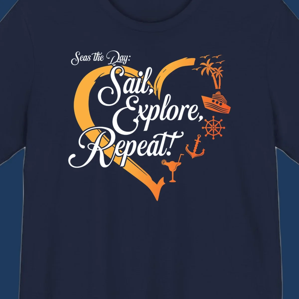 Seas the day sail explore repeat design with sailboat, anchor, ship wheel, palm trees and cocktail in orange and white nautical illustration.