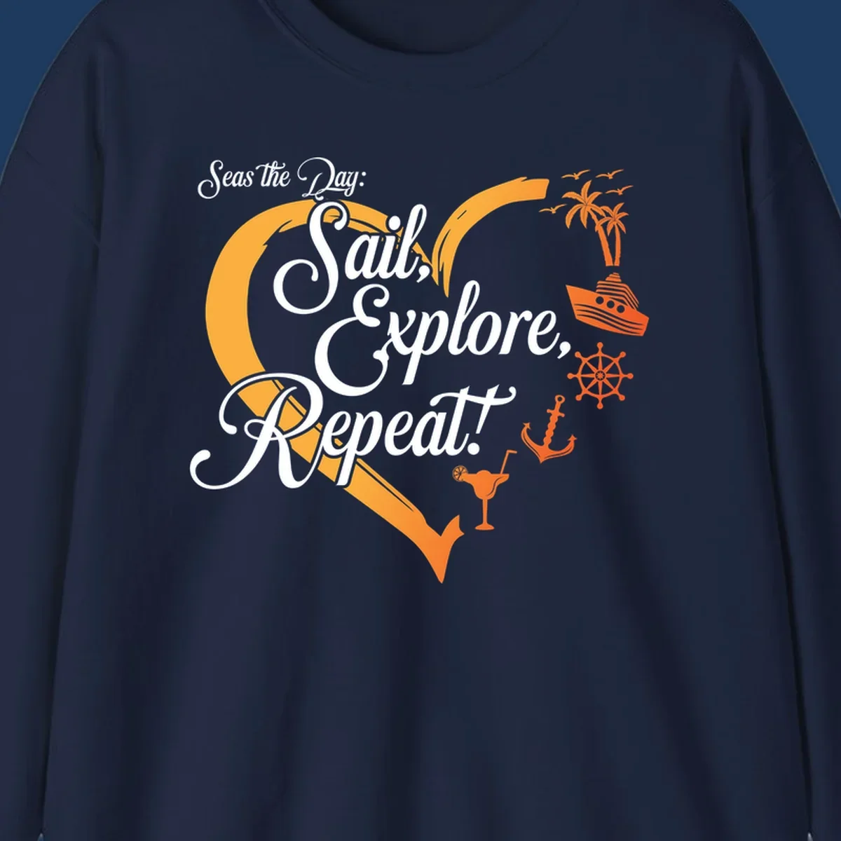Seas the day sail explore repeat design with sailboat, anchor, ship wheel, palm trees and cocktail in orange and white nautical illustration.