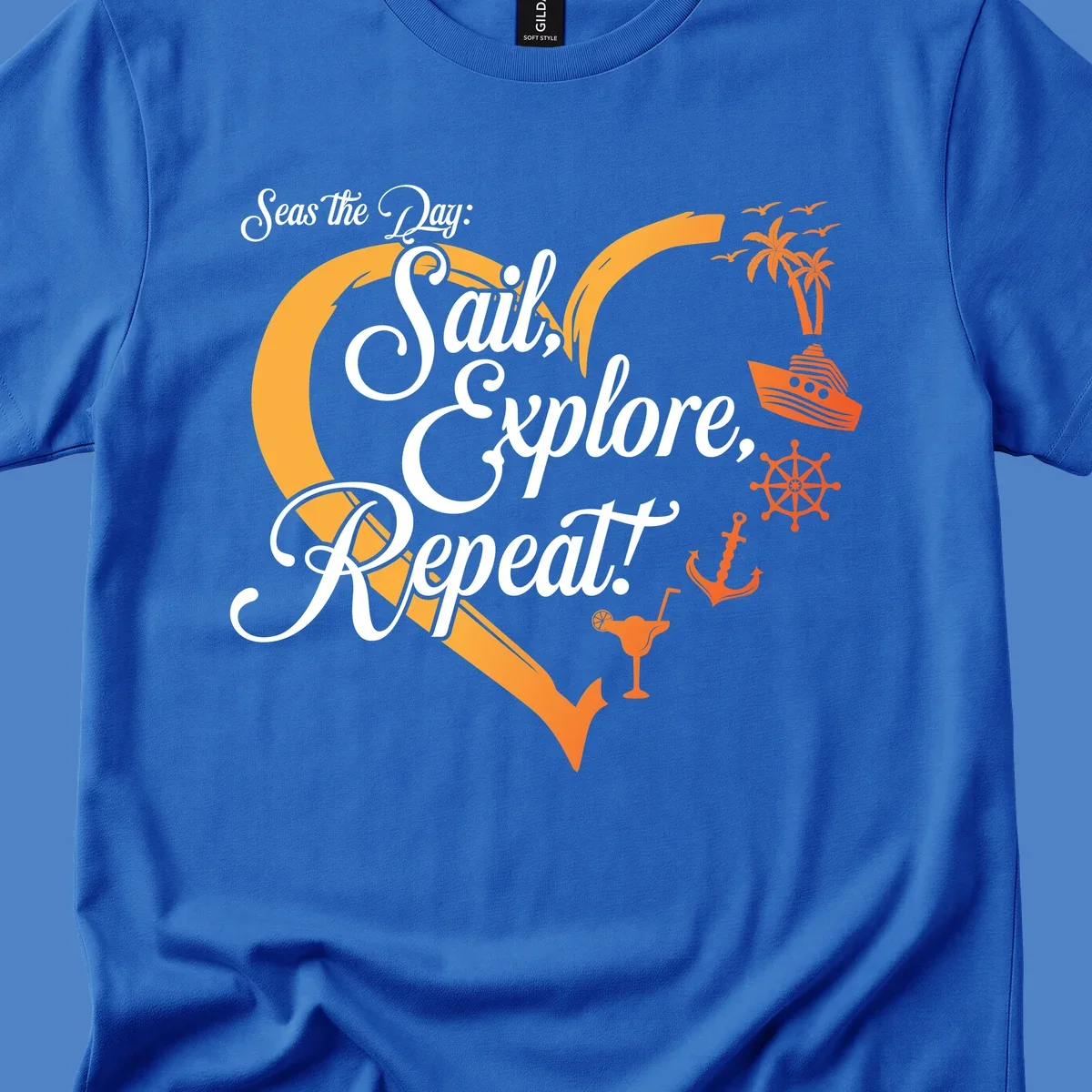 Seas the day sail explore repeat design with sailboat, anchor, ship wheel, palm trees and cocktail in orange and white nautical illustration.