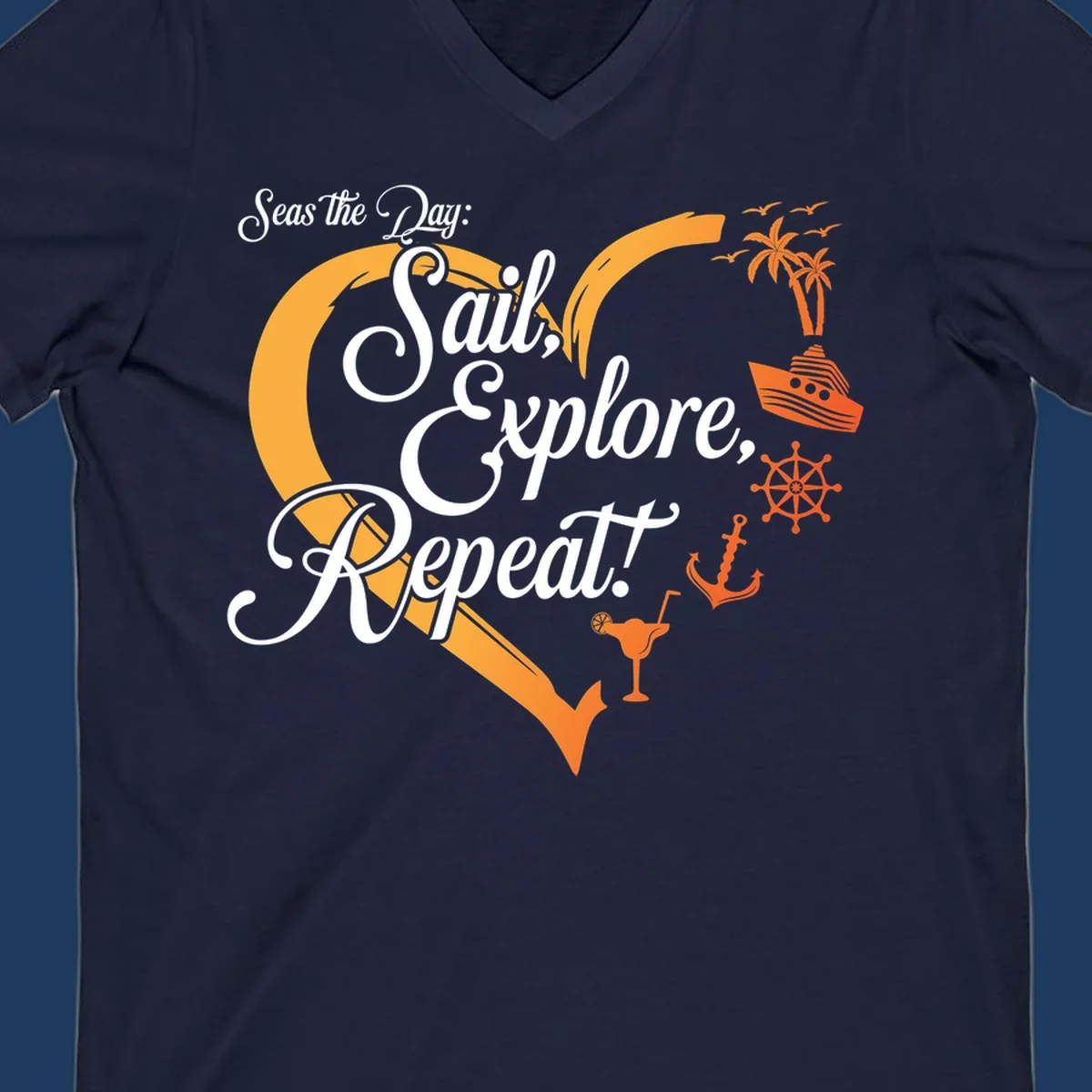 Seas the day sail explore repeat design with sailboat, anchor, ship wheel, palm trees and cocktail in orange and white nautical illustration.