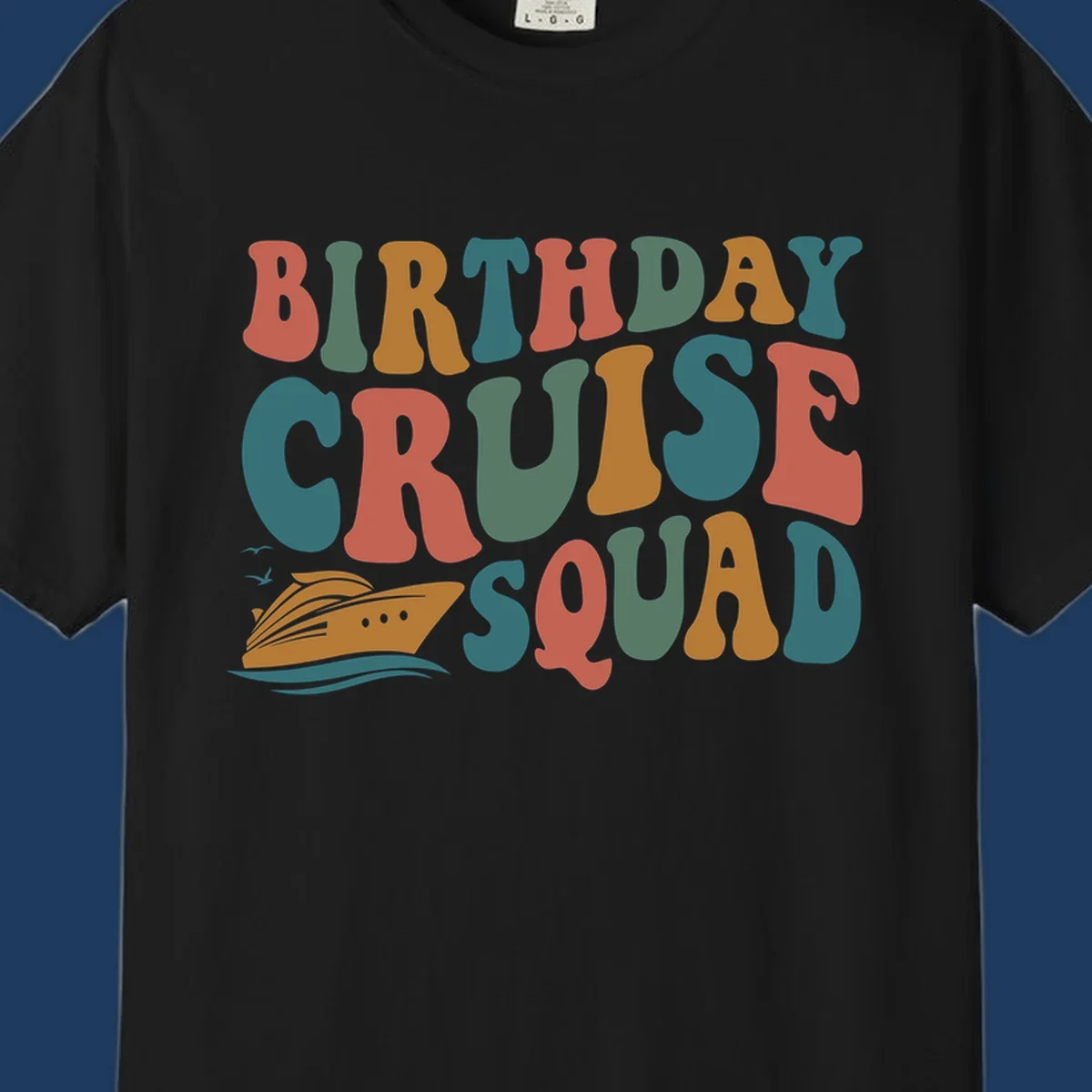 Colorful birthday cruise squad text design with cruise ship, ocean waves, and seagulls illustration