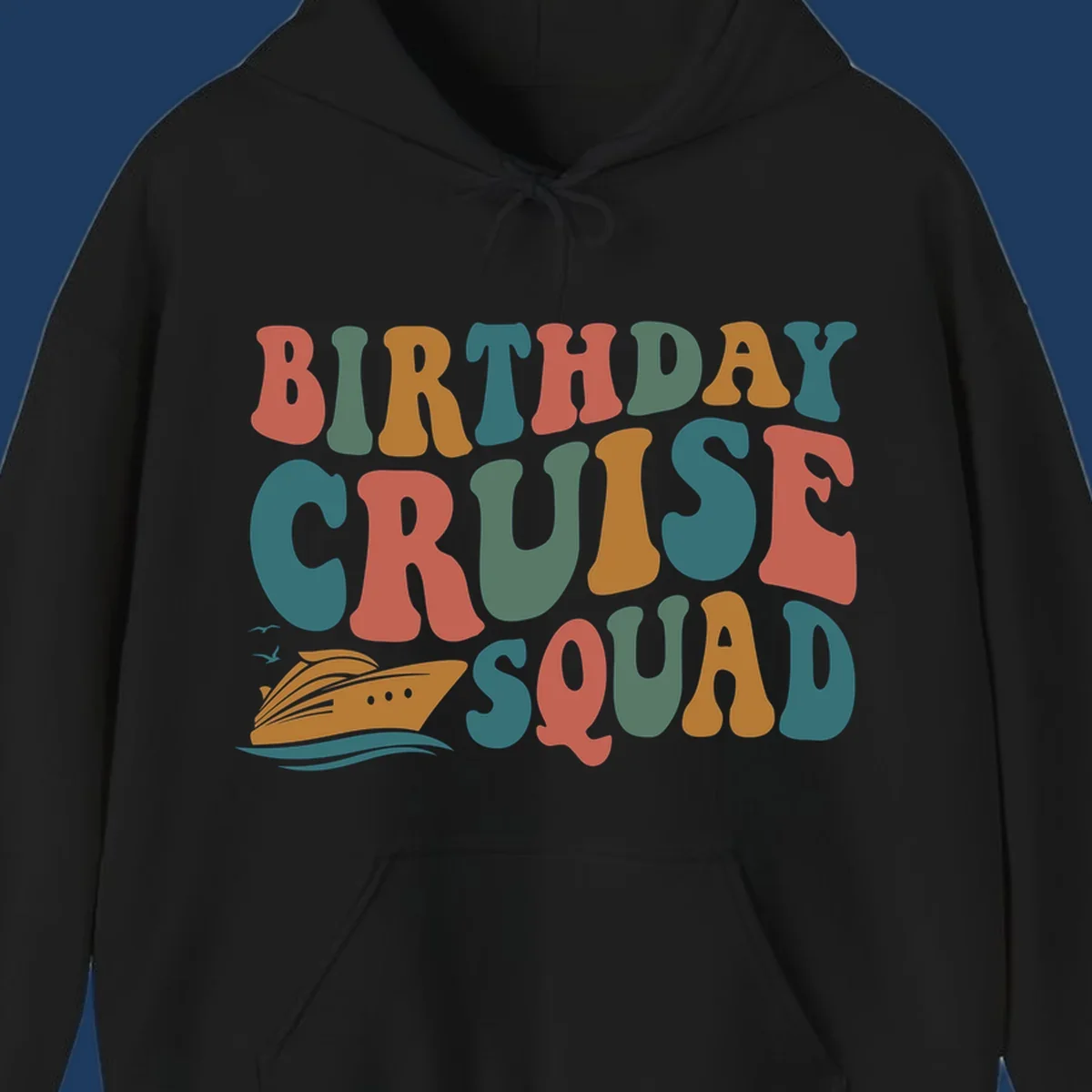 Colorful birthday cruise squad text design with cruise ship, ocean waves, and seagulls illustration