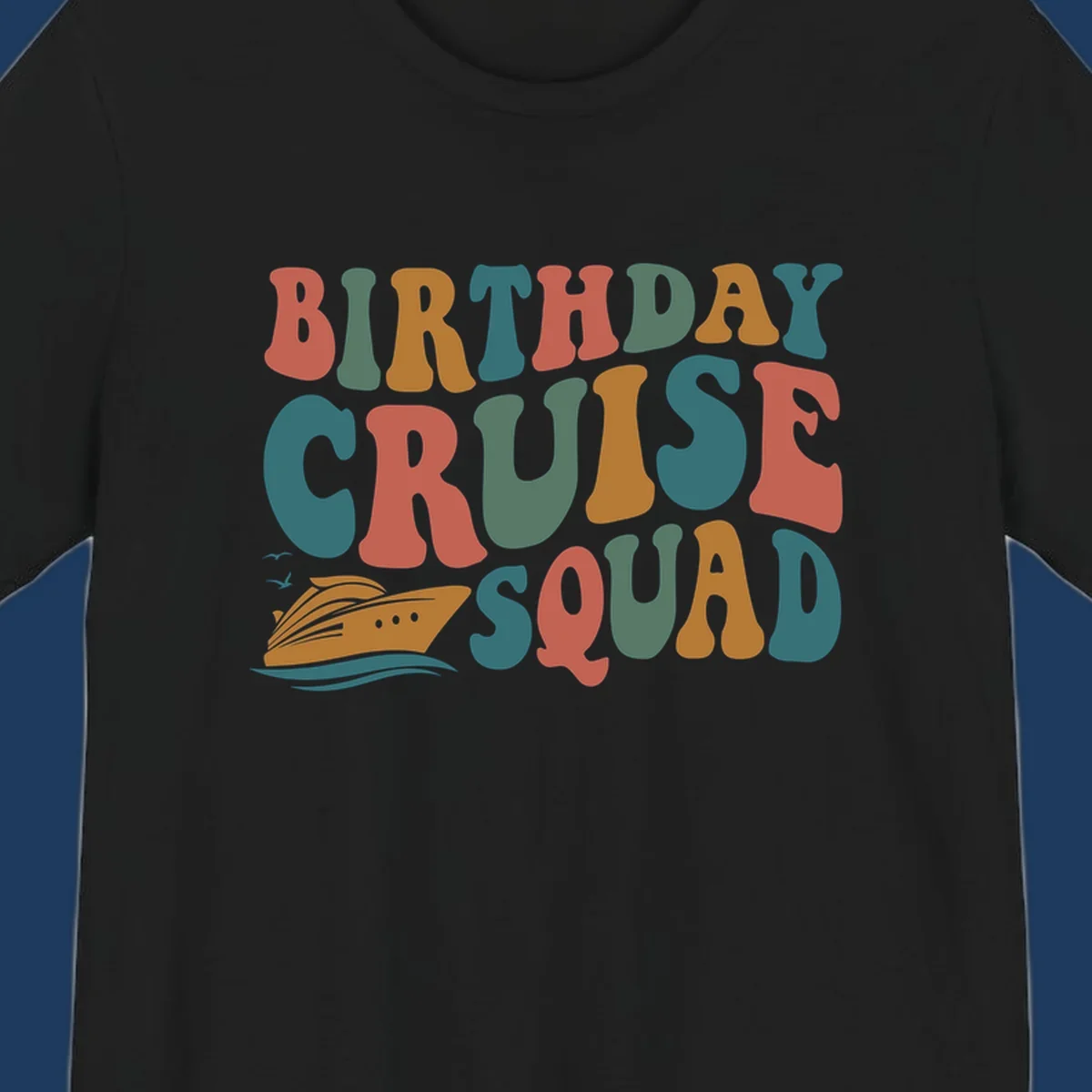 Colorful birthday cruise squad text design with cruise ship, ocean waves, and seagulls illustration