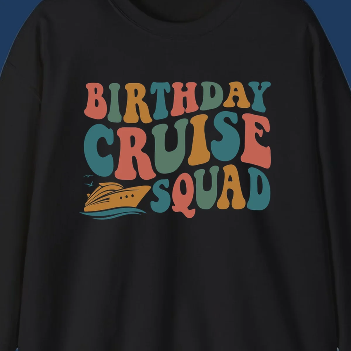 Colorful birthday cruise squad text design with cruise ship, ocean waves, and seagulls illustration
