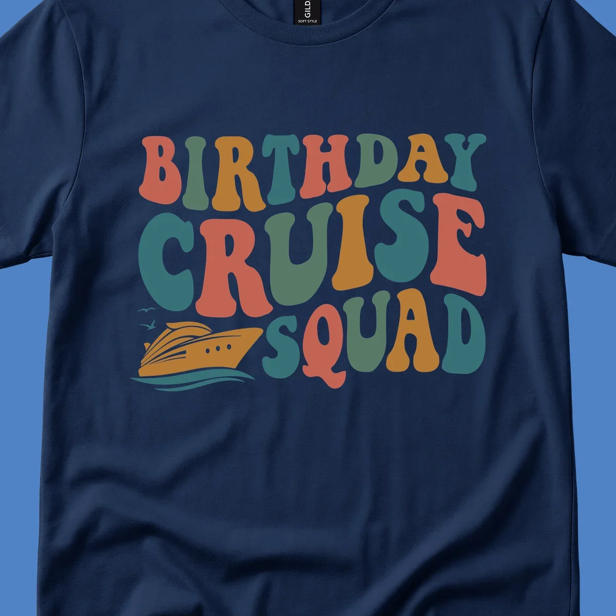 Colorful birthday cruise squad text design with cruise ship, ocean waves, and seagulls illustration