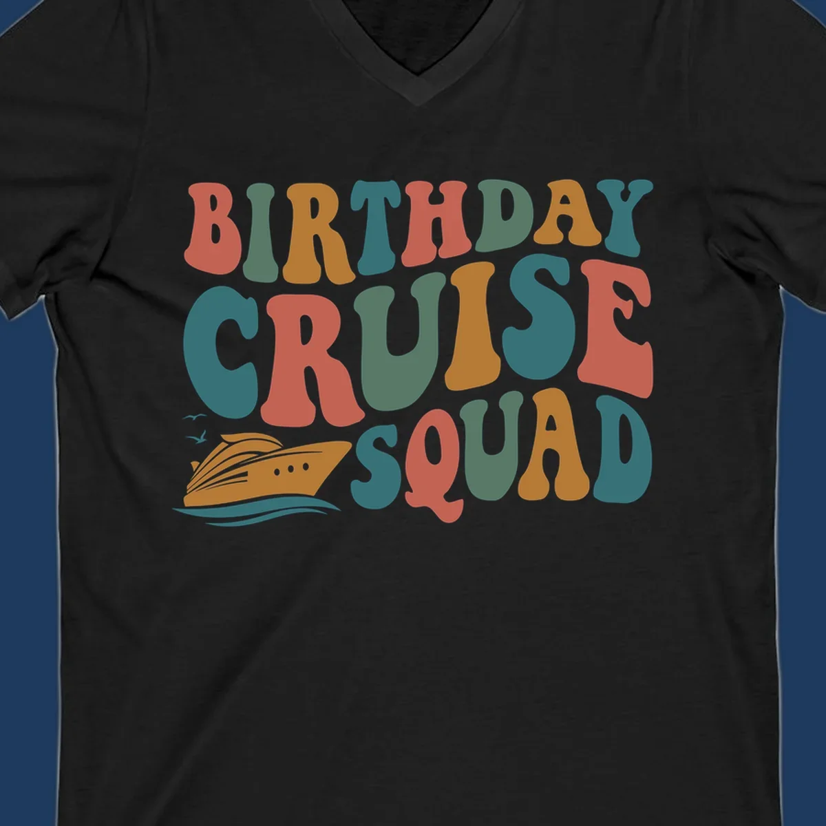 Colorful birthday cruise squad text design with cruise ship, ocean waves, and seagulls illustration