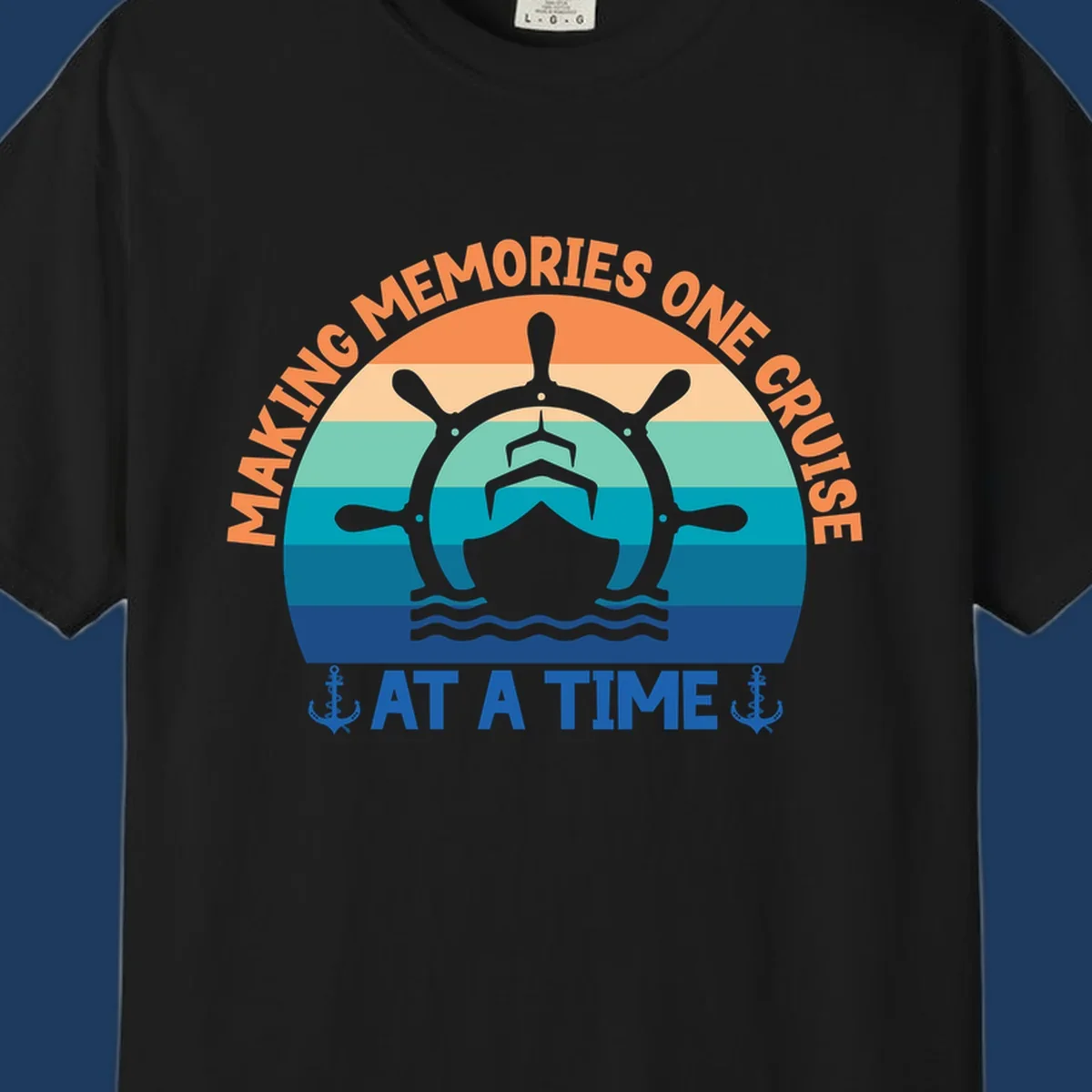 Circular nautical badge with ship wheel and vessel over ocean stripes, text reading 'Making Memories One Cruise At A Time' with anchor decorations
