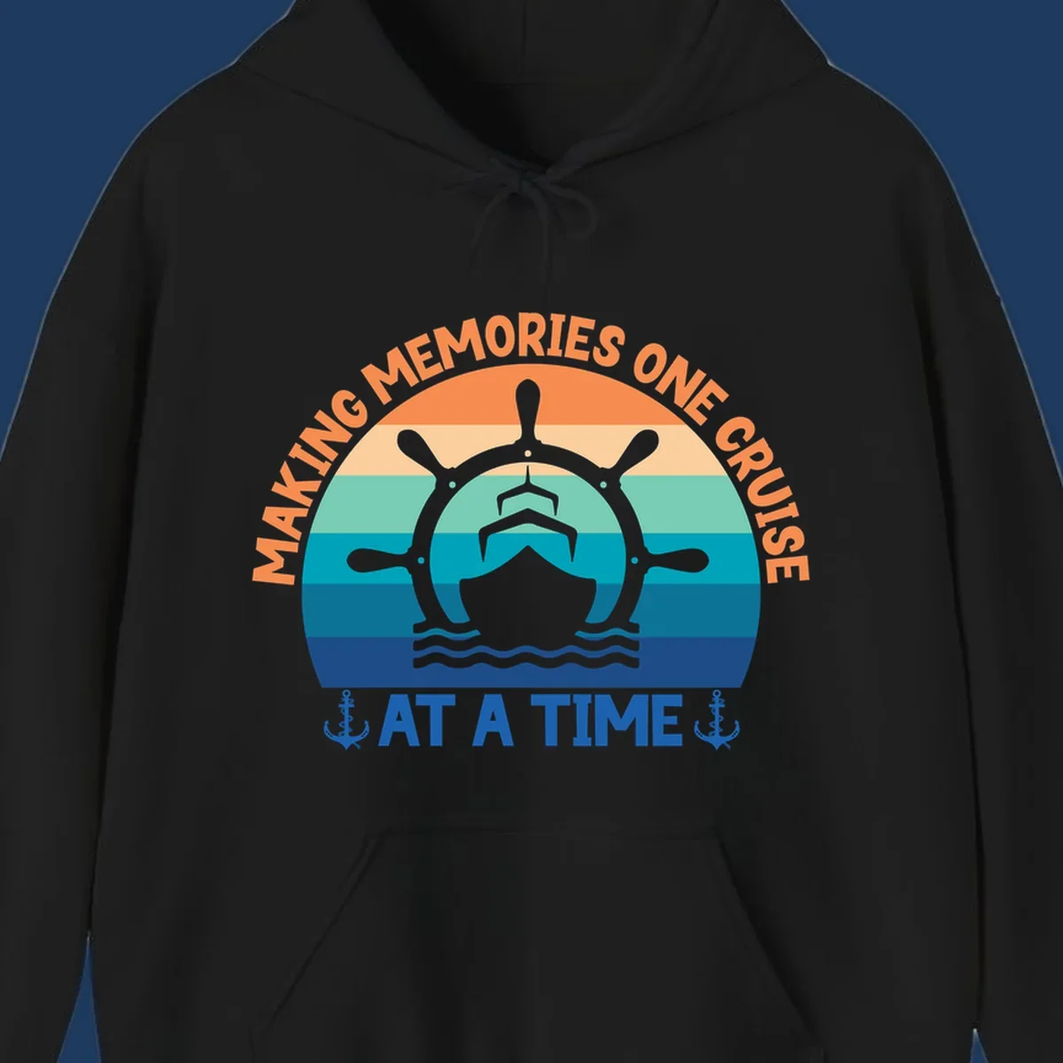 Circular nautical badge with ship wheel and vessel over ocean stripes, text reading 'Making Memories One Cruise At A Time' with anchor decorations