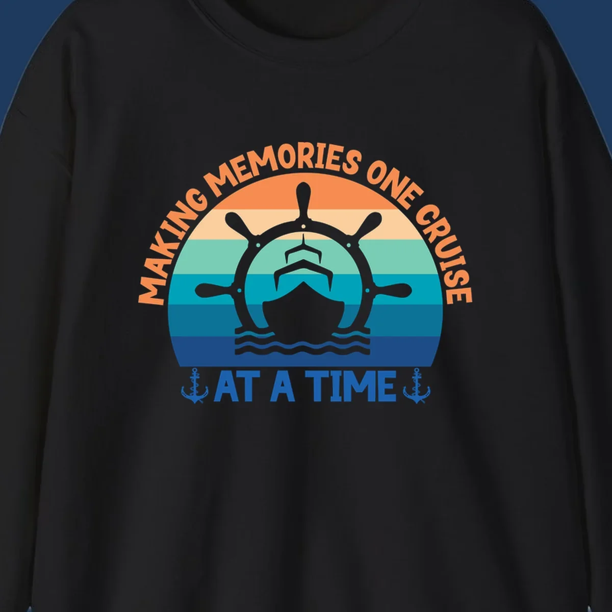 Circular nautical badge with ship wheel and vessel over ocean stripes, text reading 'Making Memories One Cruise At A Time' with anchor decorations