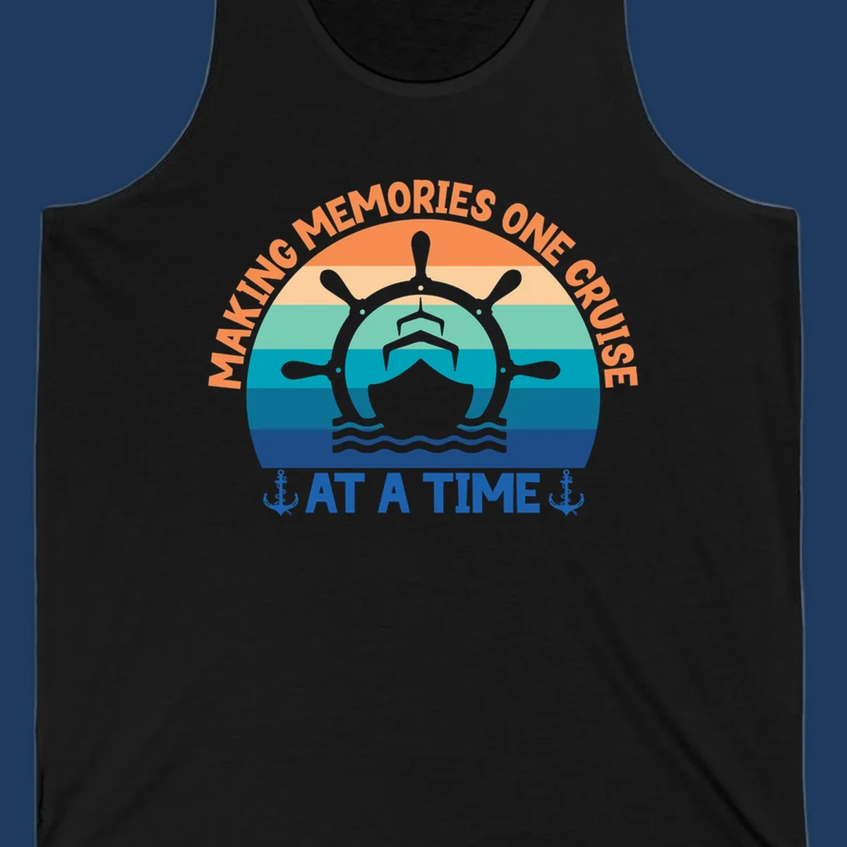 Circular nautical badge with ship wheel and vessel over ocean stripes, text reading 'Making Memories One Cruise At A Time' with anchor decorations