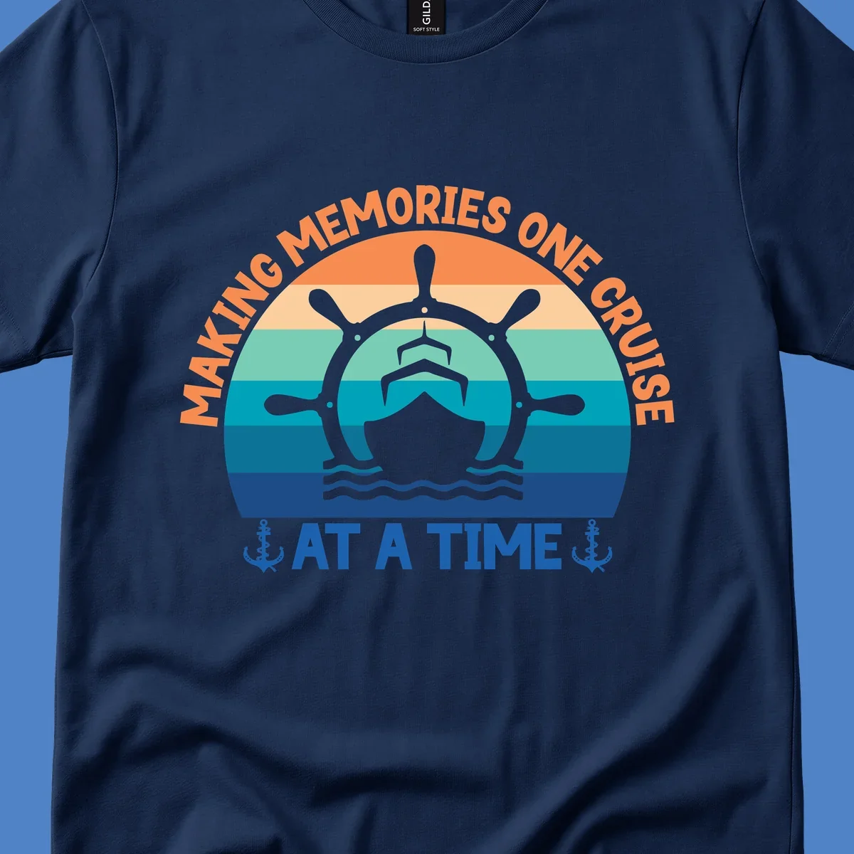 Circular nautical badge with ship wheel and vessel over ocean stripes, text reading 'Making Memories One Cruise At A Time' with anchor decorations