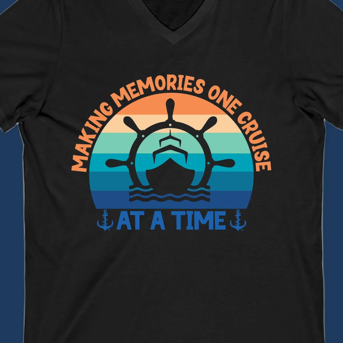 Circular nautical badge with ship wheel and vessel over ocean stripes, text reading 'Making Memories One Cruise At A Time' with anchor decorations