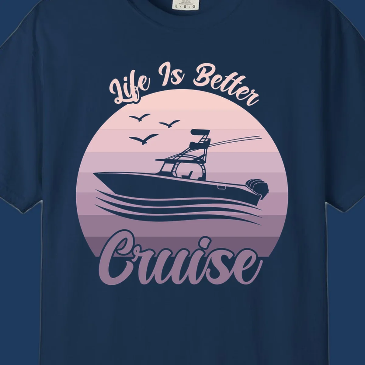 Vintage-style sunset boating design with silhouetted speedboat, waves, and birds; text reads 'Life Is Better Boating'