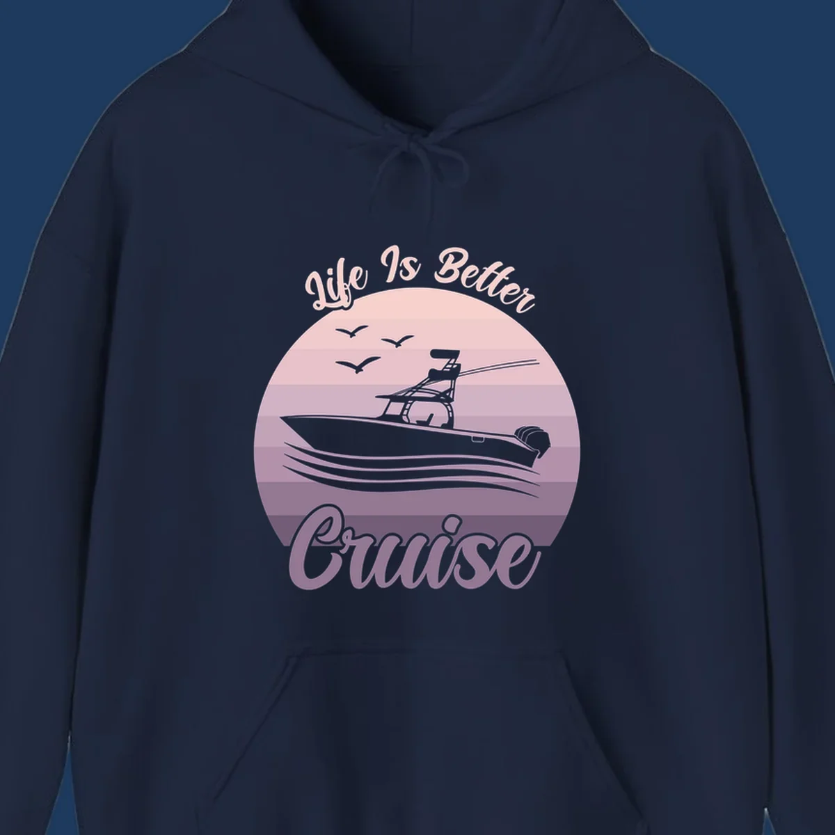 Vintage-style sunset boating design with silhouetted speedboat, waves, and birds; text reads 'Life Is Better Boating'