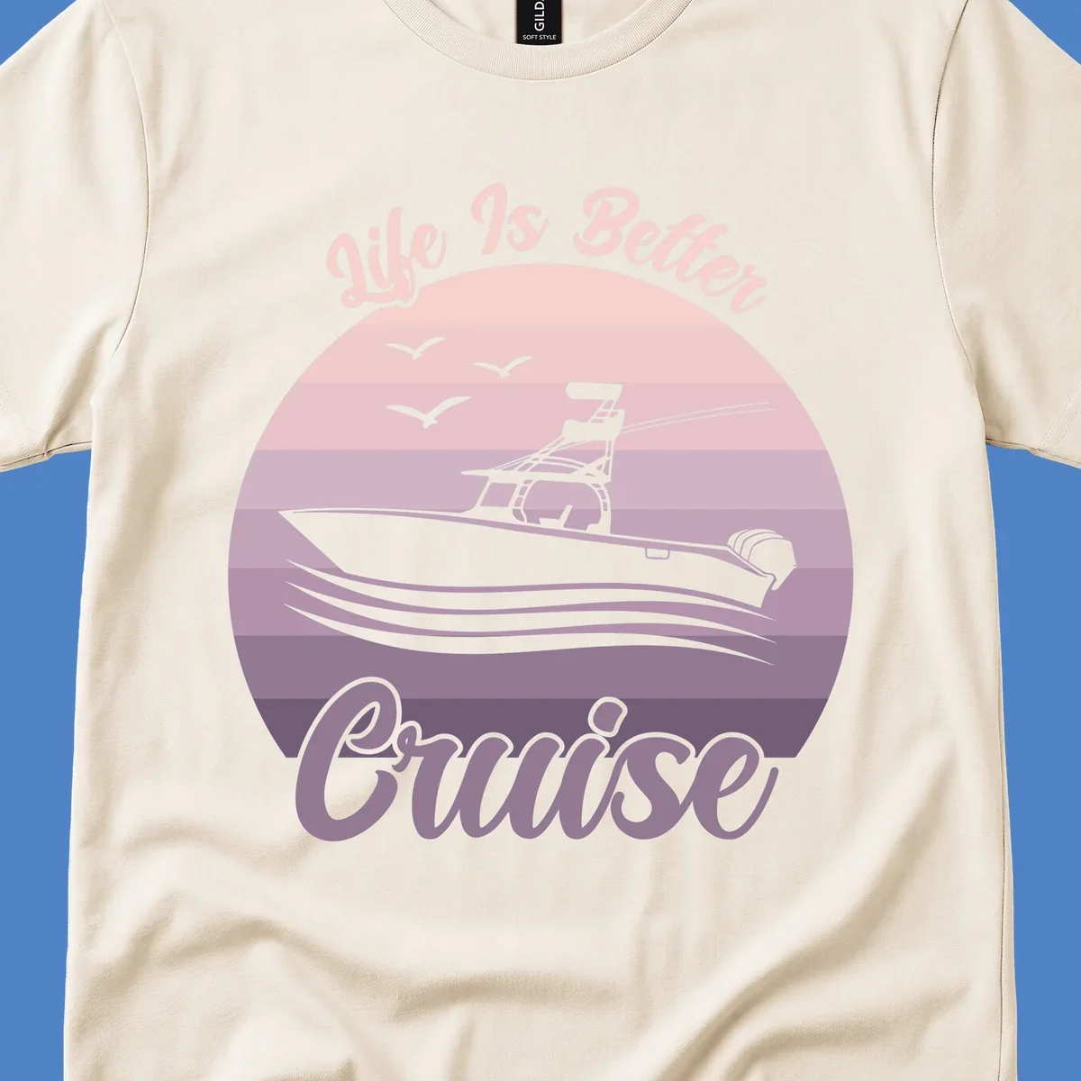 Vintage-style sunset boating design with silhouetted speedboat, waves, and birds; text reads 'Life Is Better Boating'