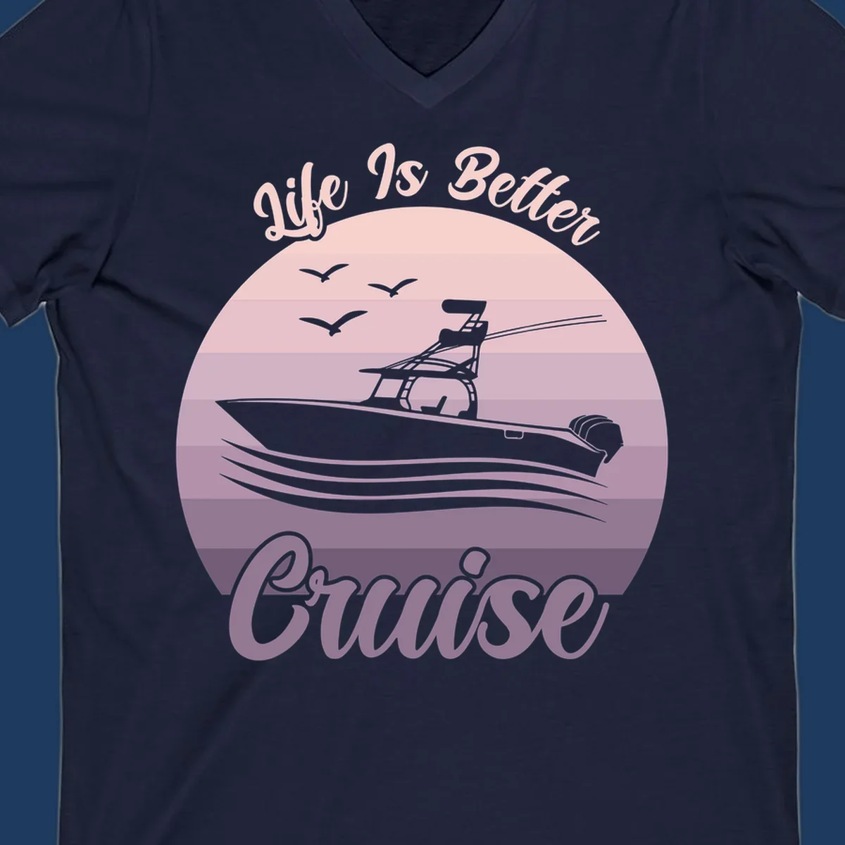 Vintage-style sunset boating design with silhouetted speedboat, waves, and birds; text reads 'Life Is Better Boating'
